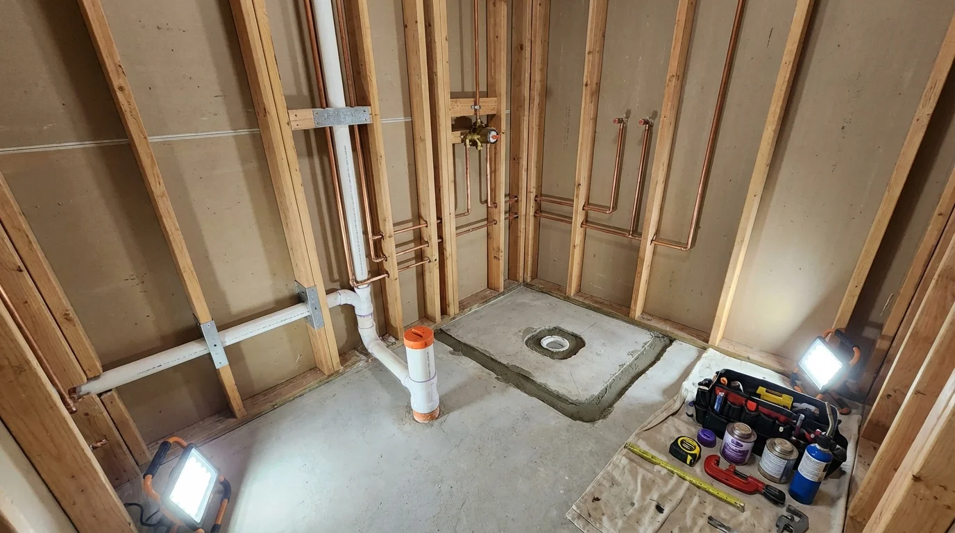 Bathroom rough-in plumbing during remodel by Johns Plumbing LLC in Wolfforth