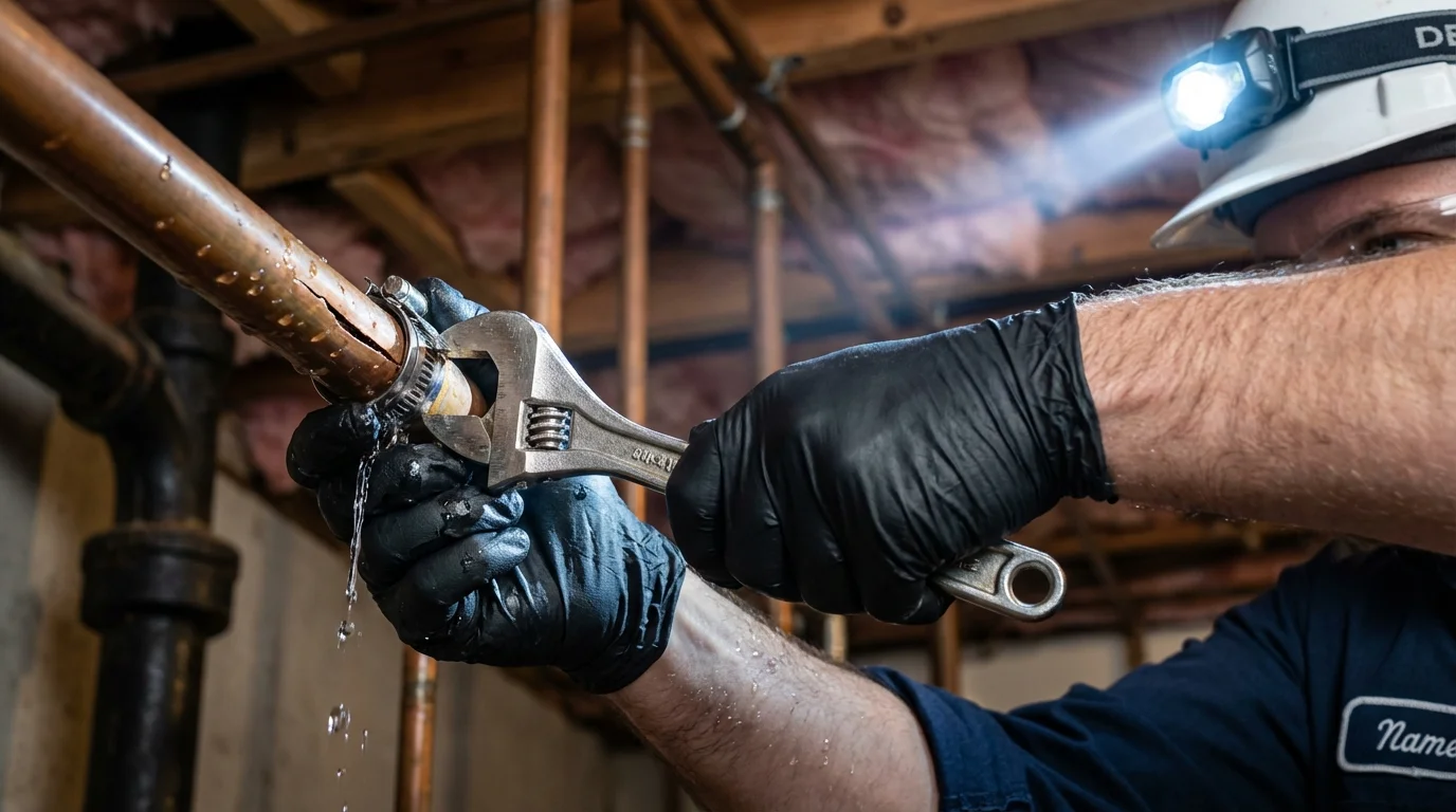 Emergency pipe clamp repair being performed by a Johns Plumbing LLC plumber in Wolfforth