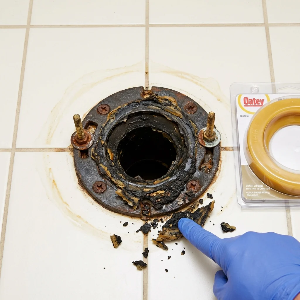 Failed wax ring showing water seepage at the base of a toilet in a Wolfforth, TX home