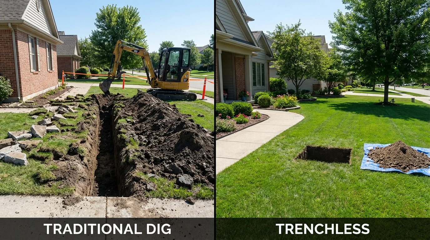 Trenchless sewer repair with minimal yard damage versus traditional excavation in Wolfforth, TX