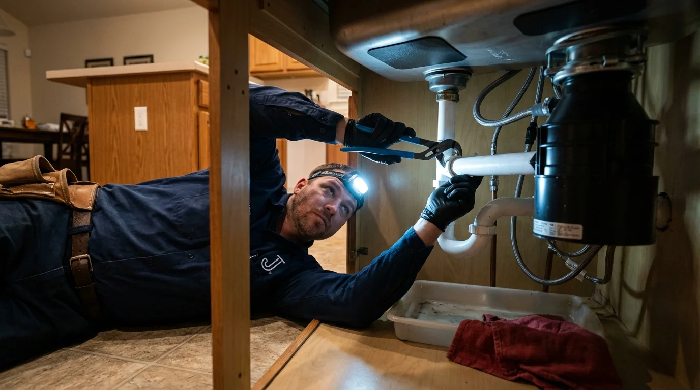 P-trap and supply line connections under a kitchen sink showing a common leak point in Wolfforth, TX